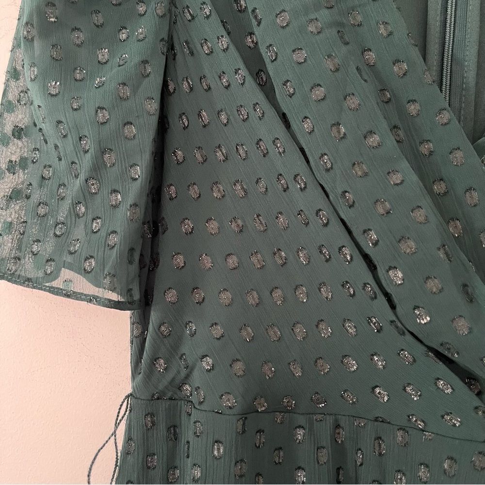 Tommy Hilfiger Emerald Green Faux Wrap Midi Dress Puff Sleeve Glitter Dot - Picture 10 of 16